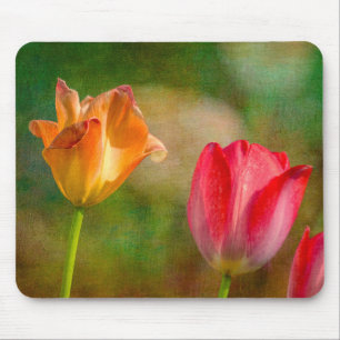 Red and yellow tulips on textured background mouse pad