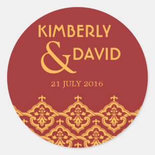 Red and Yellow Vintage Damask Wedding Label