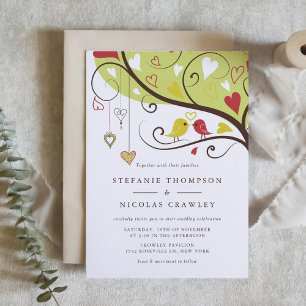 Red and Yellow Whimsical Lovebirds Wedding Invitation