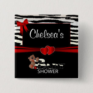 Red and Zebra Stripes Baby Shower 2 Inch Square Button