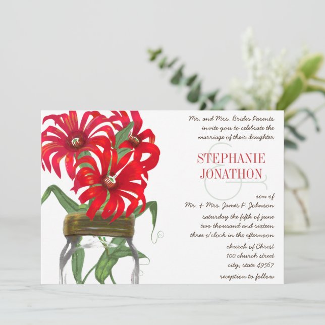 Red Andes Mountain Wild Flower  Mason Jar Wedding Invitation (Standing Front)