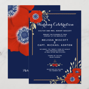 Red Anemone Formal Nautical Navy Wedding Invitation