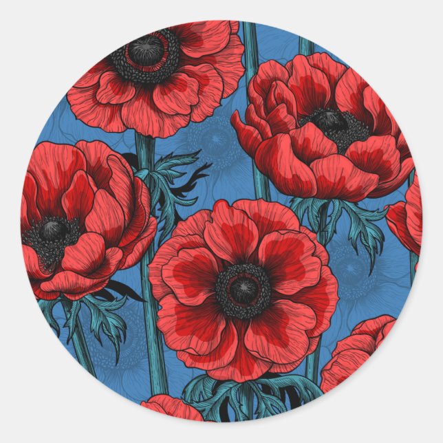 Red anemone garden classic round sticker (Front)