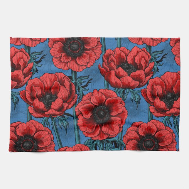 Red anemone garden kitchen towel (Horizontal)
