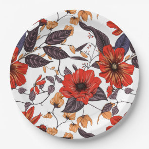 Red anemone gold delicate purple tan foliage paper plate