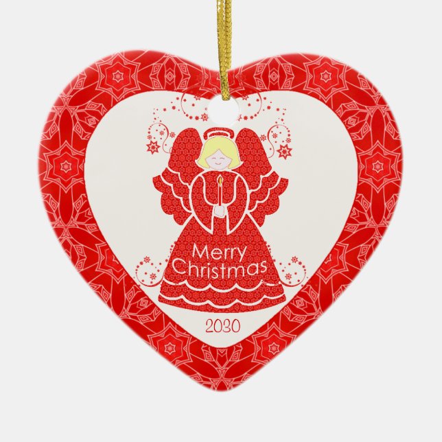 Red Angel Christmas Heart Ceramic Ornament (Front)