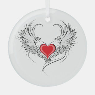 Red Angel Heart with wings Glass Ornament