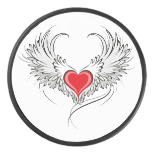 Red Angel Heart with wings Hockey Puck
