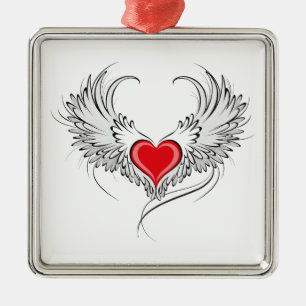 Red Angel Heart with wings Metal Ornament