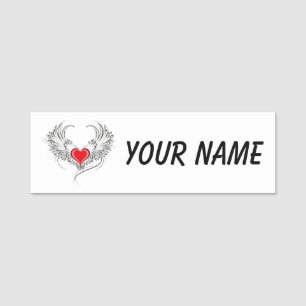 Red Angel Heart with wings Name Tag