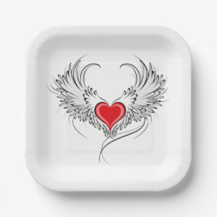Red Angel Heart with wings Paper Plate