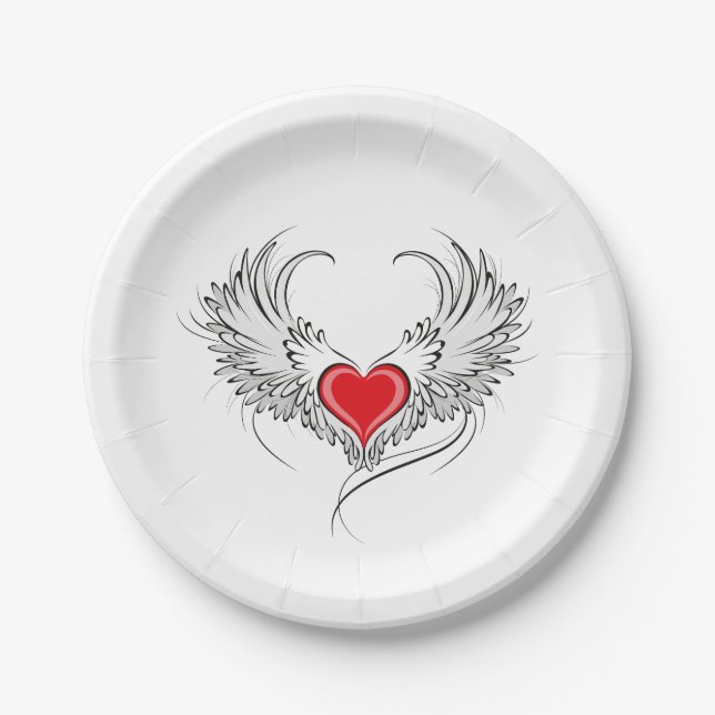 Red Angel Heart with wings Paper Plate (Front)