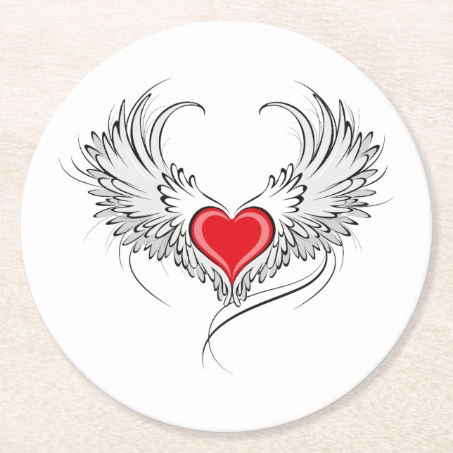 Red Angel Heart with wings Round Paper Coaster (Front)