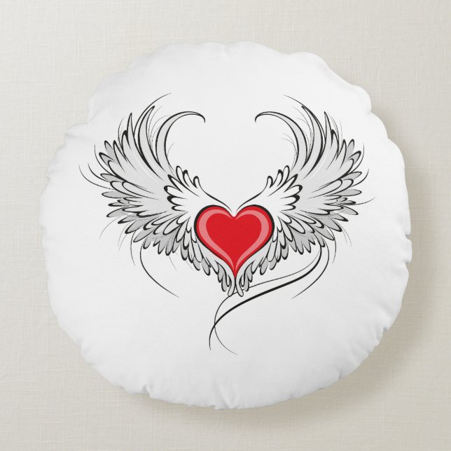 Red Angel Heart with wings Round Pillow (Front)