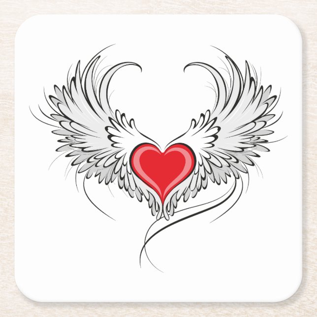 Red Angel Heart with wings Square Paper Coaster (Front)