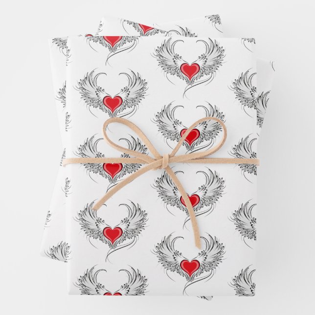 Red Angel Heart with wings Wrapping Paper Sheet (In situ)