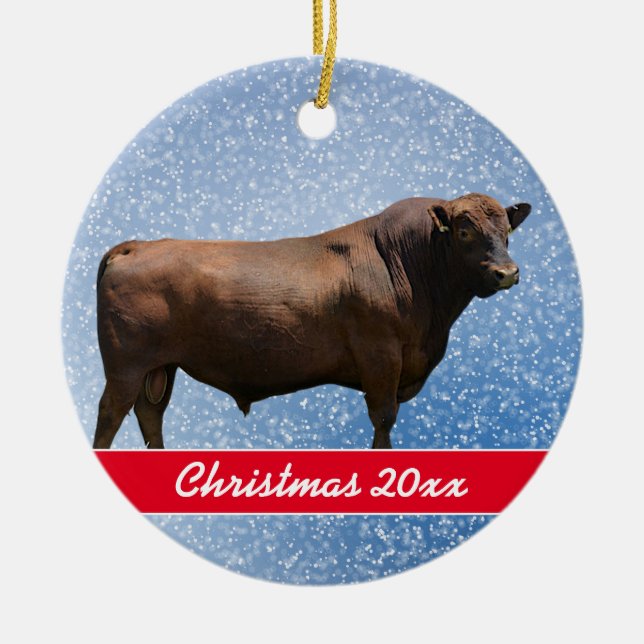 Red Angus Bull Christmas Ceramic Ornament (Front)