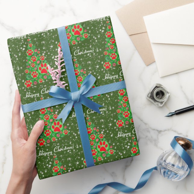 Red Animal Paw Silhouette Christmas Tree Green Wrapping Paper (Gifting)