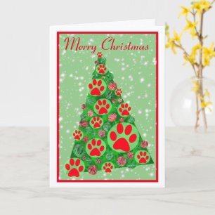 Red Animal Paw Silhouette Christmas Tree White Card