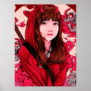 Red Anime Demon Slayer Girl Poster