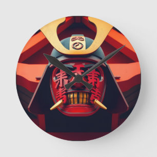 Red anime samurai mask round clock