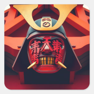 Red anime samurai mask square sticker