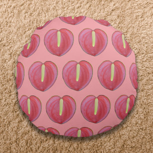 Red Anthurium Flower Seamless Pattern on Round Pillow
