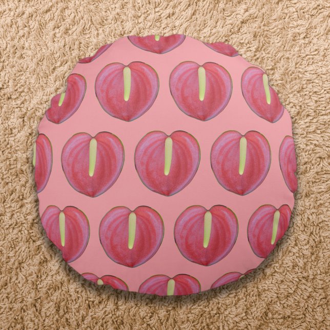 Red Anthurium Flower Seamless Pattern on Round Pillow (Red Anthurium flower seamless pattern on round throw pillow)
