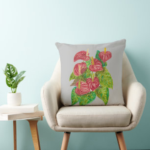 red anthurium flowers throw pillow
