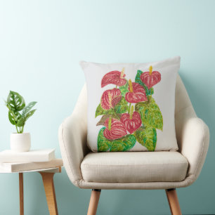 red anthurium flowers throw pillow