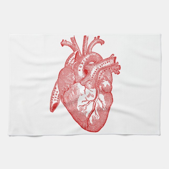 Red Antique Anatomical Heart Kitchen Towel (Horizontal)