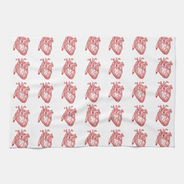 Red Antique Anatomical Heart Kitchen Towel (Horizontal)