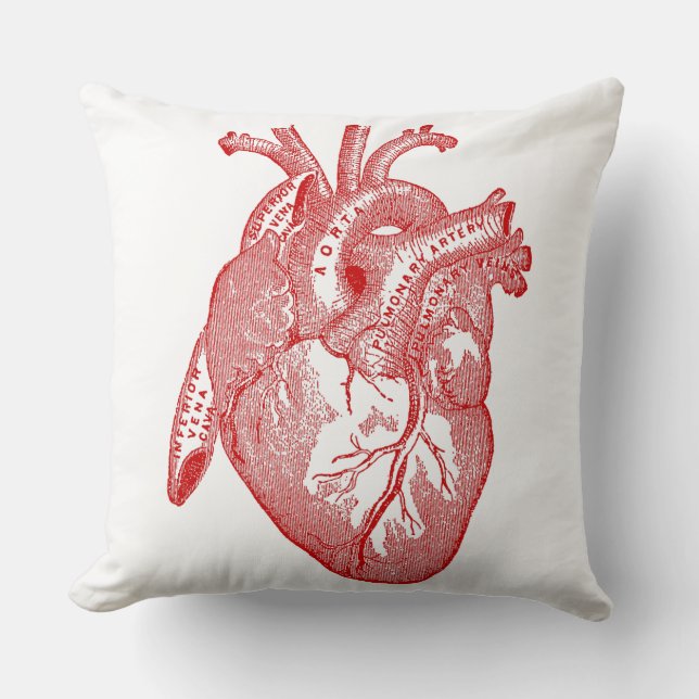 Red Antique Anatomical Heart Throw Pillow (Front)