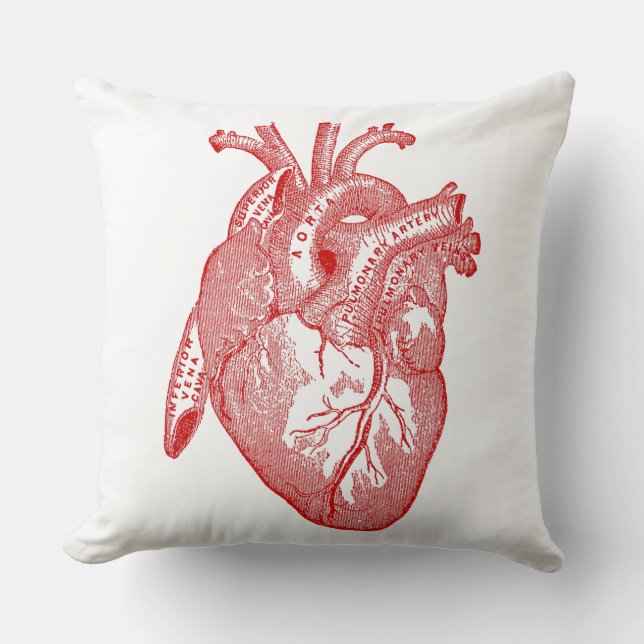 Red Antique Anatomical Heart Throw Pillow (Front)