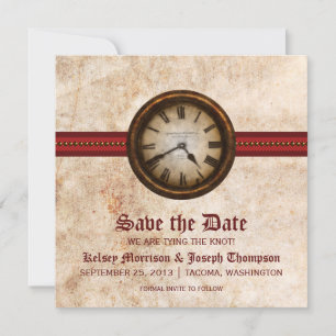 Red Antique Clock Save the Date Announcement