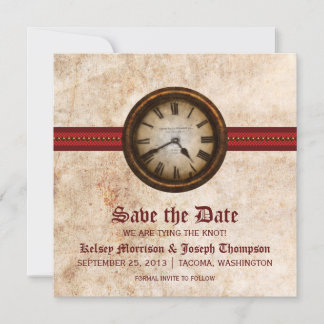 Red Antique Clock Save the Date Announcement