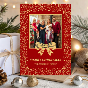 Red & Antique-Gold Bow Family Christmas Photo Holiday Card