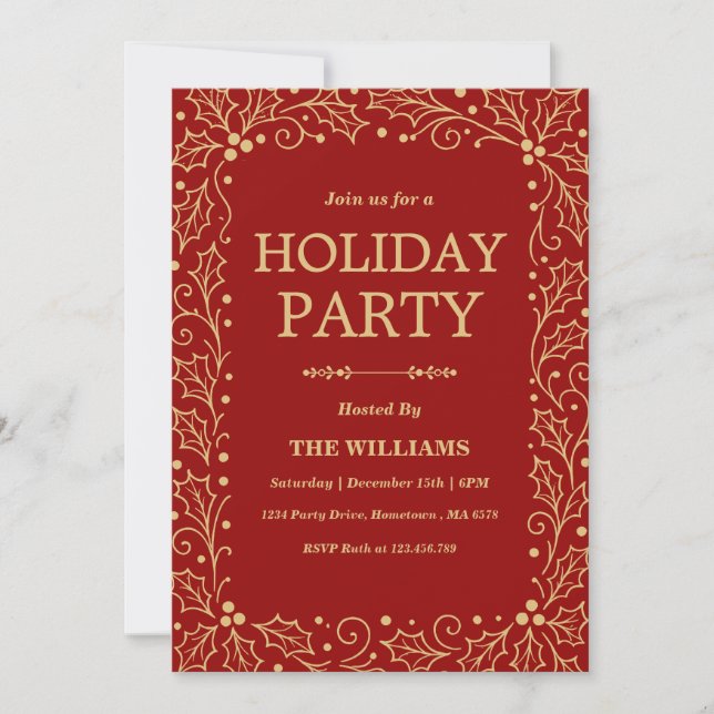 Red & Antique-Gold Holiday Christmas Party Invitation (Front)
