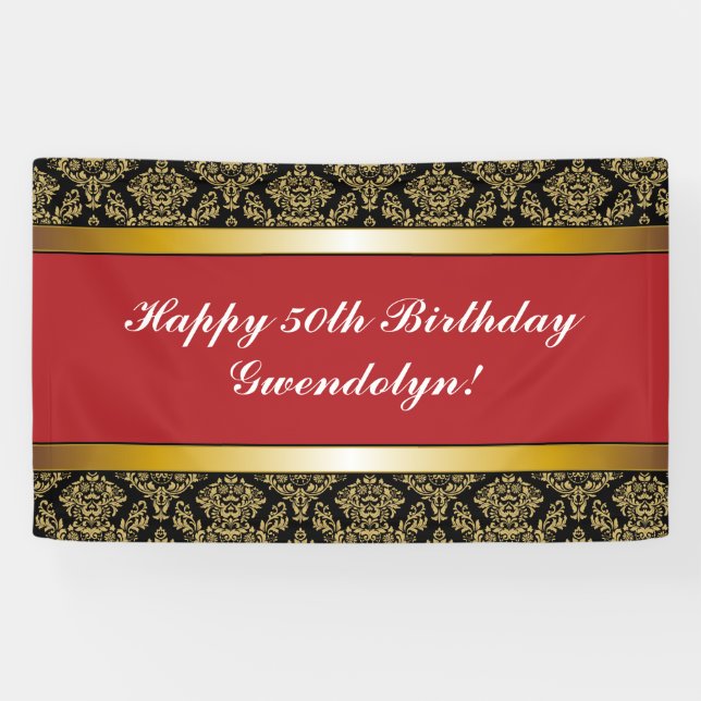 Red Any Age Gold Damask Anniversaire Bannière (Horizontal)