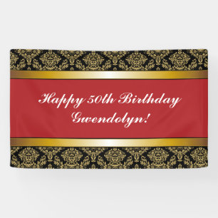 Red Any Age Gold Damask Birthday Banner