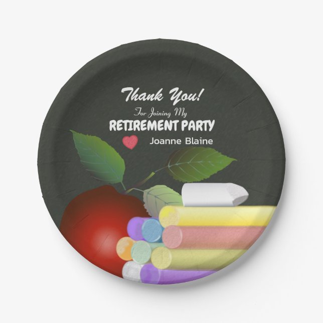 Red Apple and Chalk | Retired Teacher Paper Plate (Front)