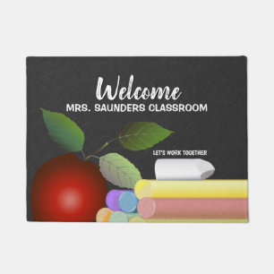 Red Apple and Chalk   Teacher Doormat