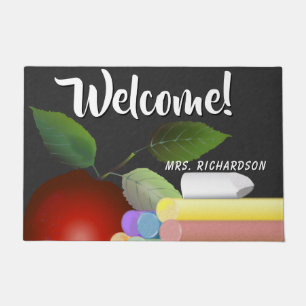 Red Apple and Chalk   Teacher Doormat