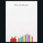 Red Apple and Coloured Pencils Teacher Letterhead<br><div class="desc">This teacher letterhead features an illustration of a red apple and coloured pencils. Custom text allows you to add the teacher's name at the top.</div>