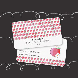 Red Apple and Daisy Pattern Teacher Business Card