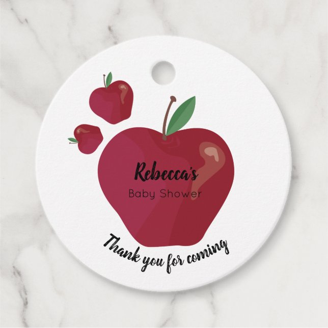 Red apple baby shower favour tags (Front)