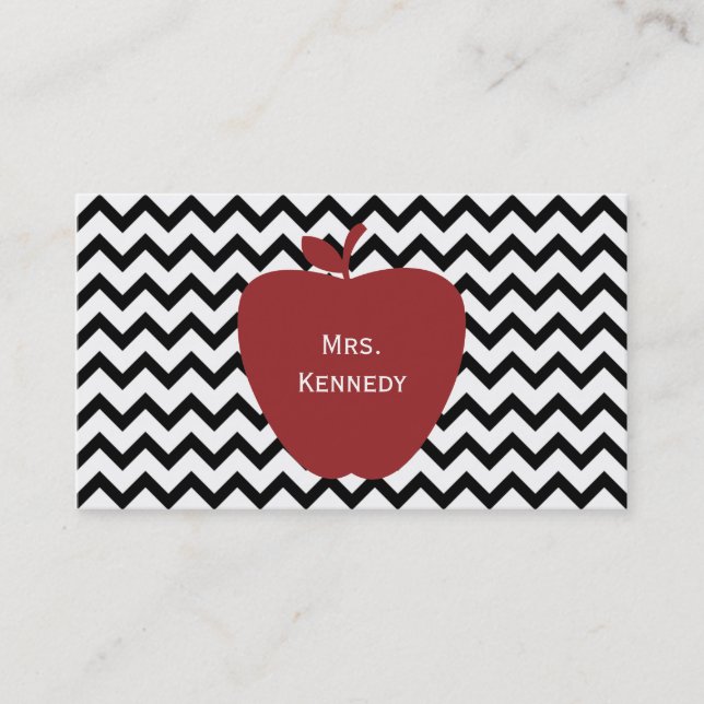 Red Apple Black Chevron Teacher Business Card (Front)