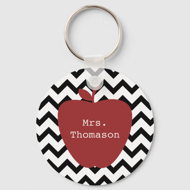 Red Apple Black & White Chevron Teacher Keychain (Front)