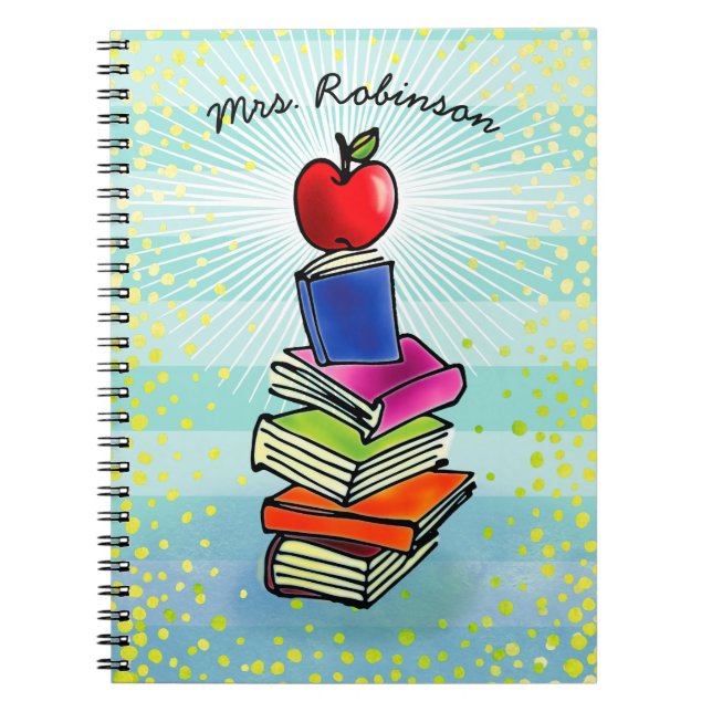 Red Apple Book Stack Teacher Name Turquoise Stripe (Front)