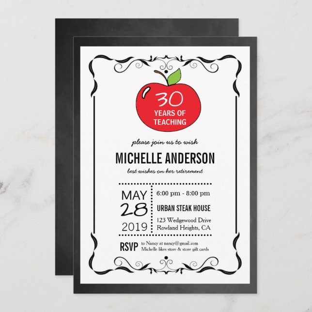Red Apple Chalkboard Teacher Retirement Invites (Front/Back)